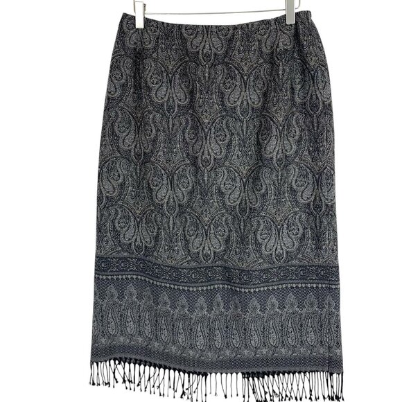 Talbots Womens Paisley 100% Wool midi Skirt Fringe Hem light brown  Size 12W - Picture 1 of 15